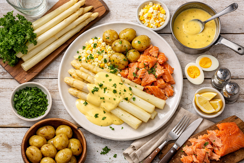 Avec œuf, petites pommes de terre et sauce hollandaise