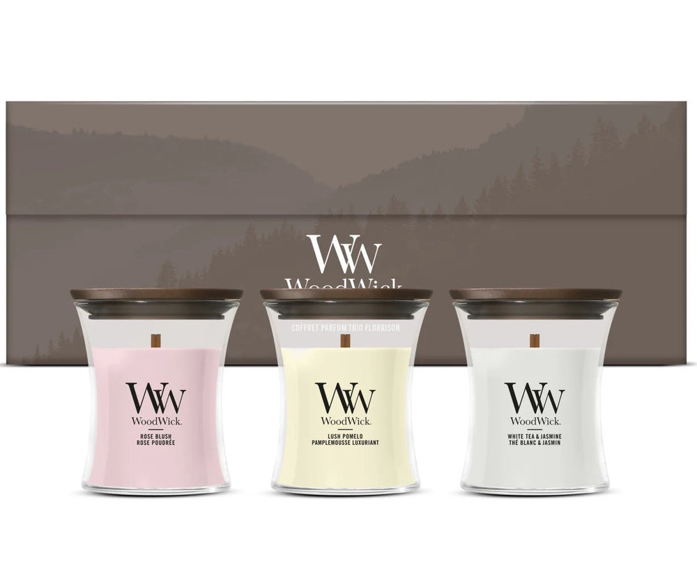 Coffret Cadeau Bougies Parfumées Mini WoodWick Blooming Trio - 3 Pièces - Bougie Parfumée en Verre - Mèche en Bois