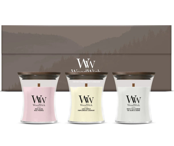 Coffret Cadeau Bougies Parfumées Mini WoodWick Blooming Trio - 3 Pièces - Bougie Parfumée en Verre - Mèche en Bois