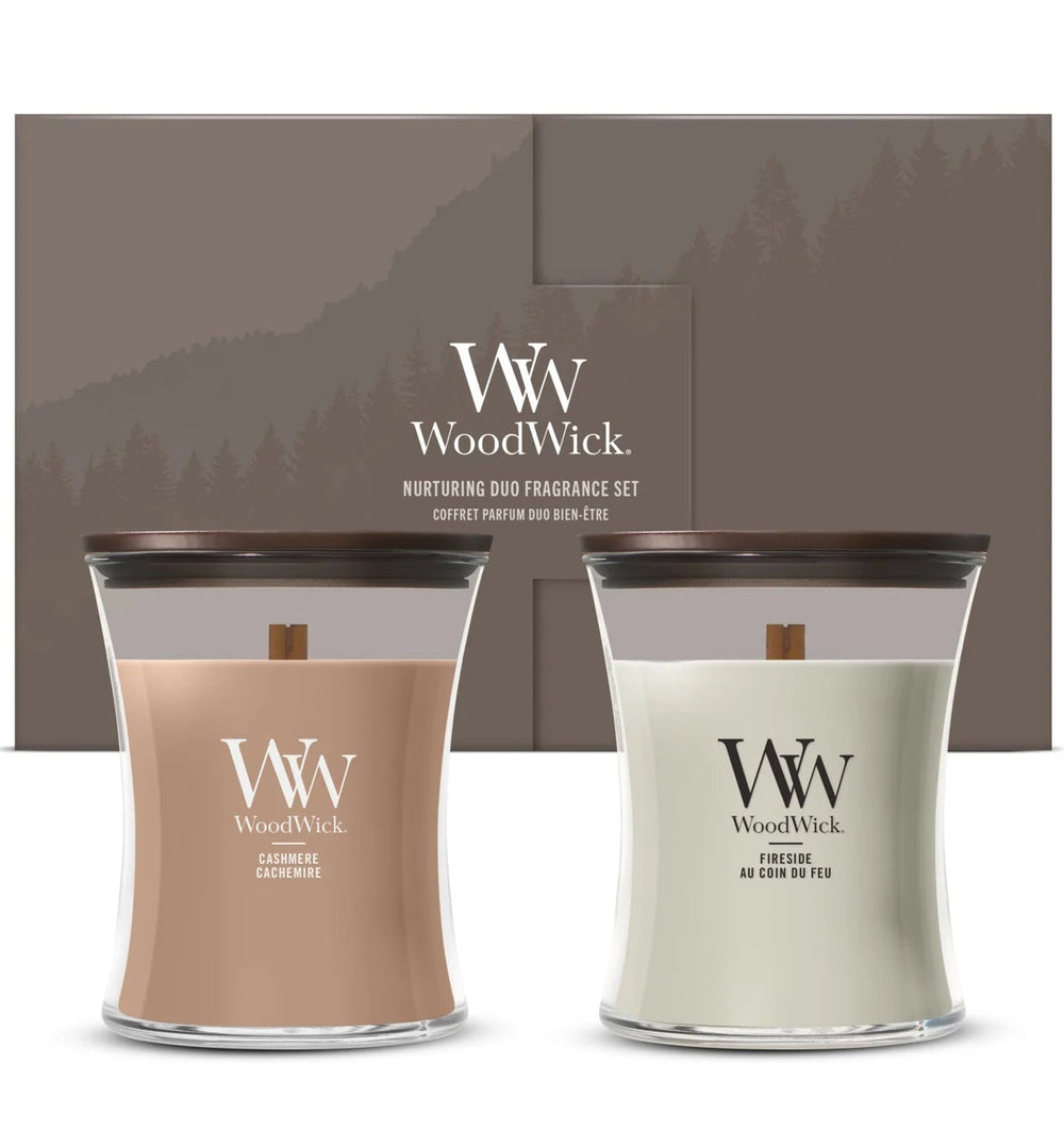 Coffret Cadeau Bougies Parfumées Medium WoodWick Fireside & Cashmere - 2 Pièces - Bougie Parfumée en Verre - Mèche en Bois