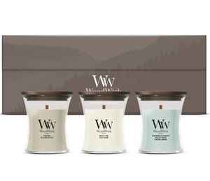 Coffret Cadeau Bougies Parfumées Mini WoodWick Woodland Trio - 3 Pièces - Bougie Parfumée en Verre - Mèche en Bois