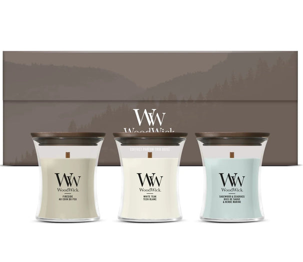 Coffret Cadeau Bougies Parfumées Mini WoodWick Woodland Trio - 3 Pièces - Bougie Parfumée en Verre - Mèche en Bois
