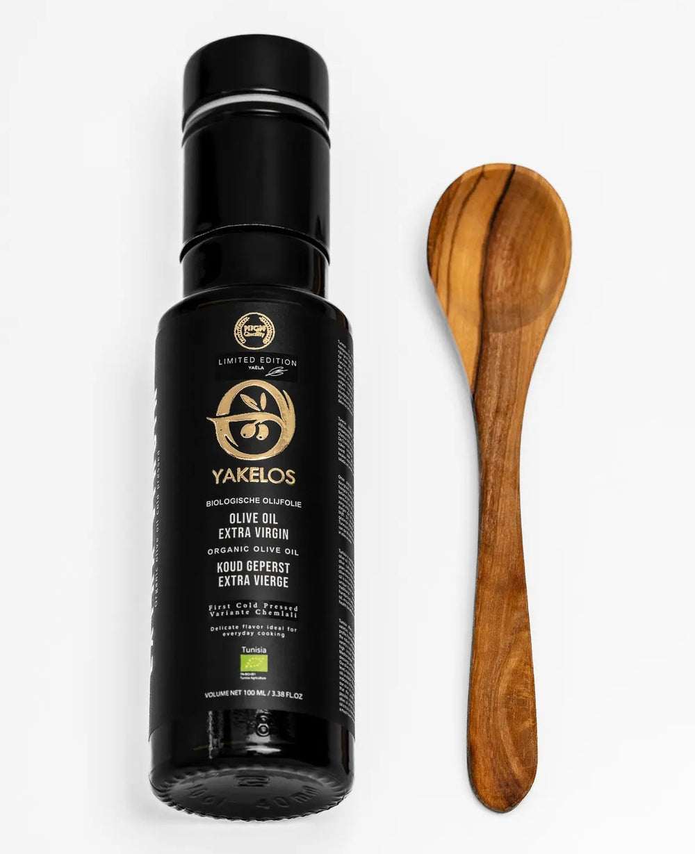 Huile d'olive extra vierge biologique Yakelos - Coffret dégustation de 100 ml avec cuillère en bois d'olivier