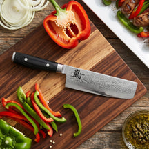 Yaxell Couteau Nakiri Ran 16,5 cm - Acier damassé inoxydable 69 plis - Poignée en Micarta