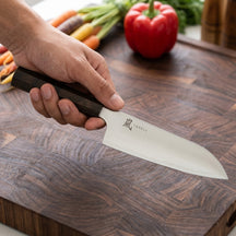 Couteau Yaxell Santoku Hana 12,5 cm - acier inoxydable 3 couches - manche en bois Pakka marron foncé