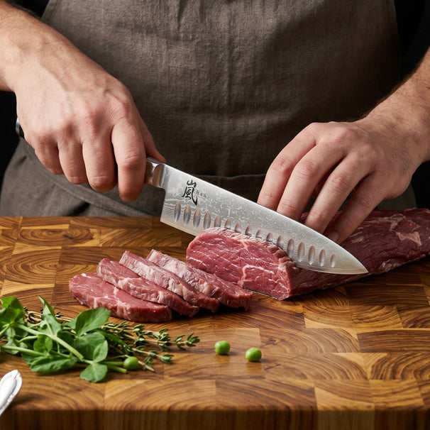 Couteau de chef Yaxell Ran avec alvéoles antiadhésives, 20 cm - acier damassé inoxydable 69 plis - manche en Micarta.