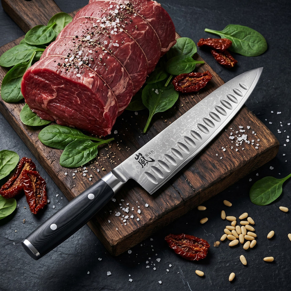Couteau de chef Yaxell Ran avec alvéoles antiadhésives, 20 cm - acier damassé inoxydable 69 plis - manche en Micarta.