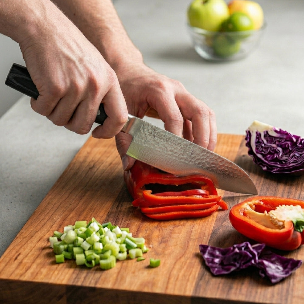 Couteau Santoku Yaxell Zen 16,5 cm - Acier damassé inoxydable 37 plis - Manche en Micarta de toile